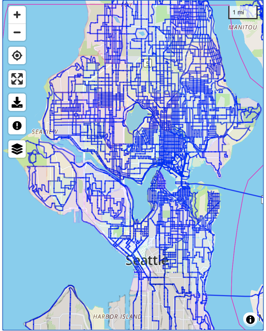 A map of Seattle with blue lines indicating that 37% of the city's roads have been ridden