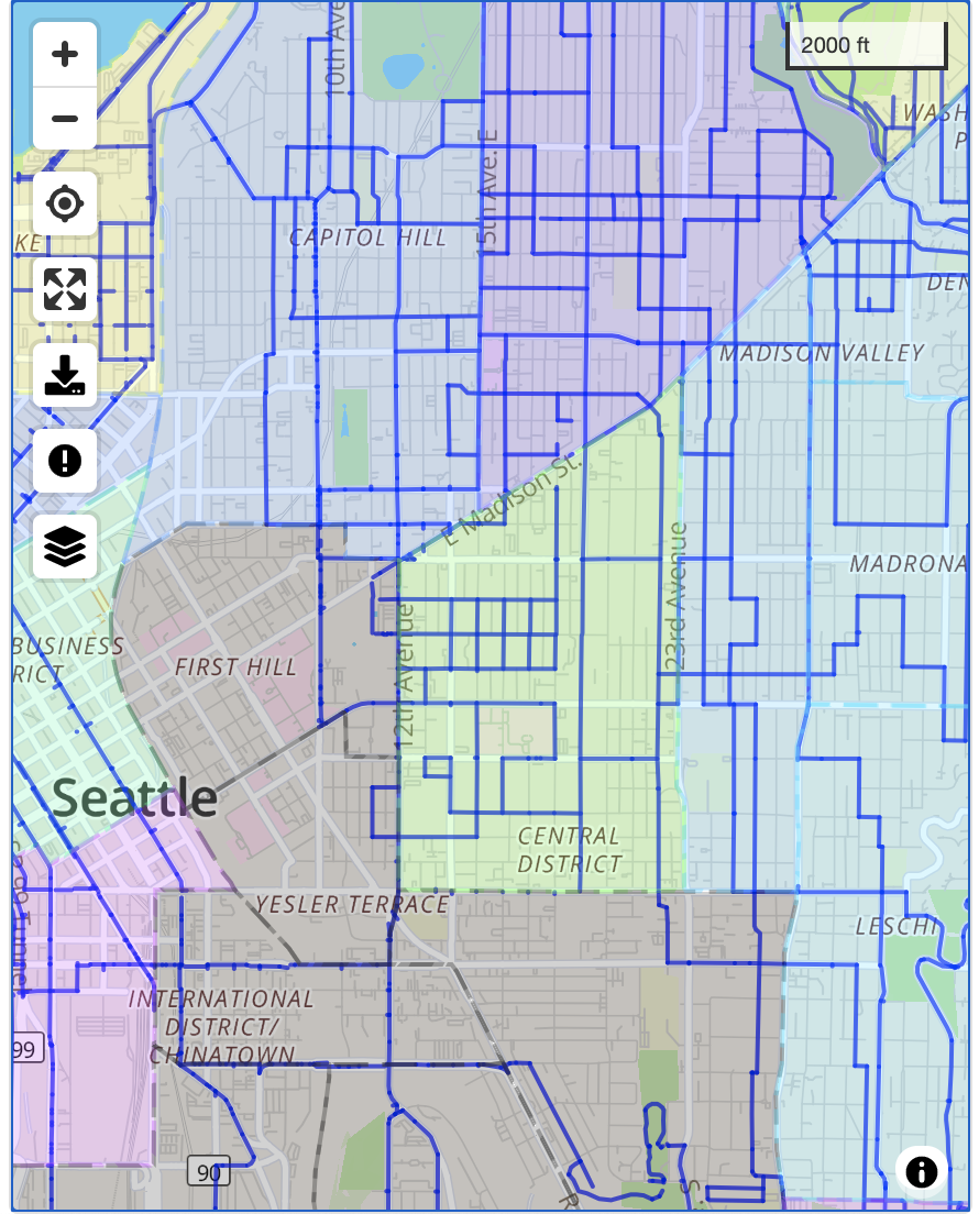 A map of Seattle with blue lines indicating that 37% of the city's roads have been ridden